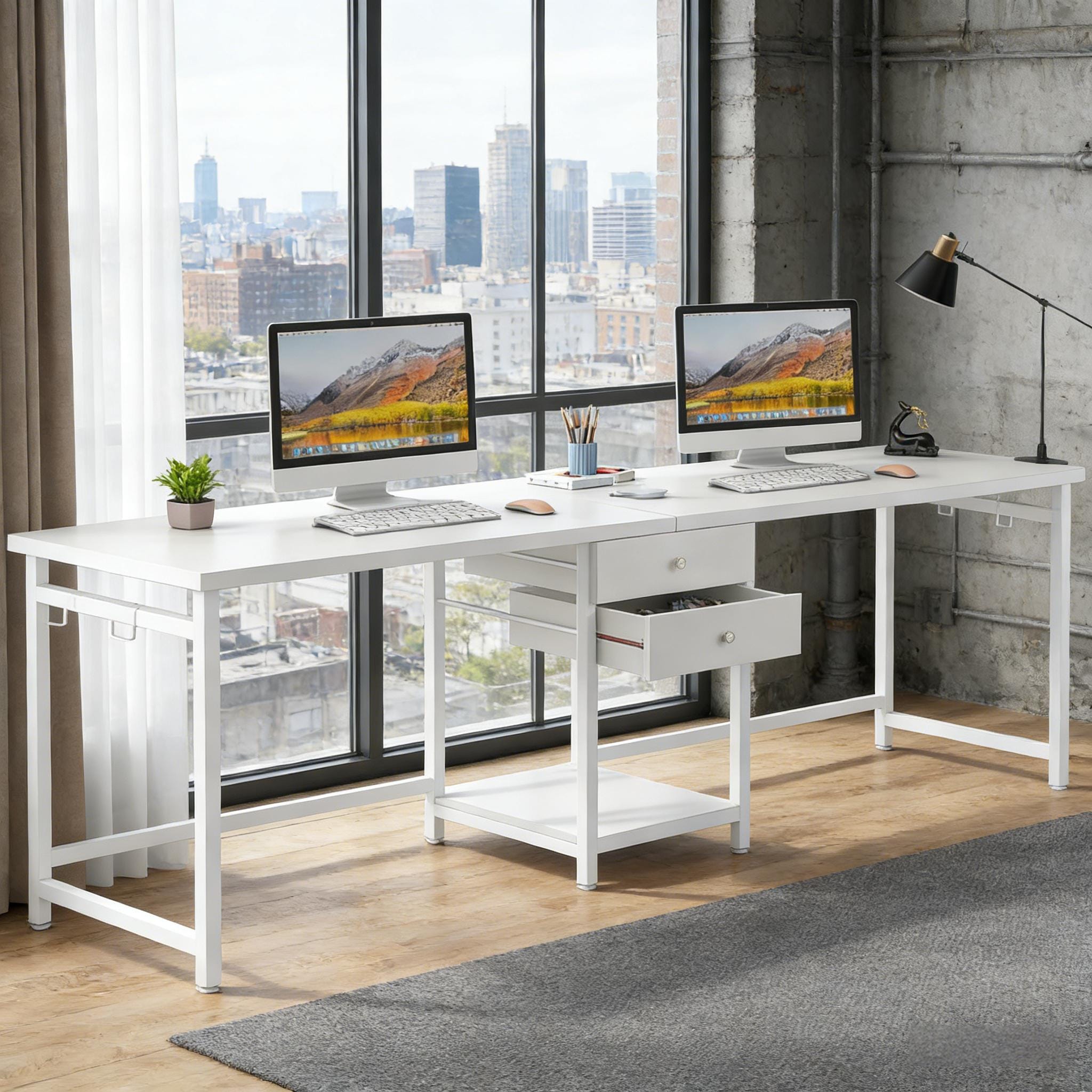 Industrial Double Desk For Two With Drawers For Home Office_voghion.com
